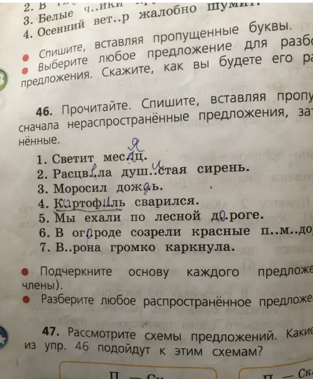 Помоги вставить пропущенные буквы в предложениях, подчеркнуть основу каждого предложения и разобрать любое распространённое предложение из упражнения 46