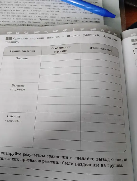 Заполни таблицу, сравнивая строение низших и высших растений