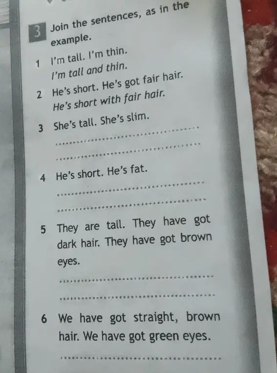 Ты просишь соединить предложения, как в примере: 'I'm tall. I'm thin.' -> 'I'm tall and thin.'