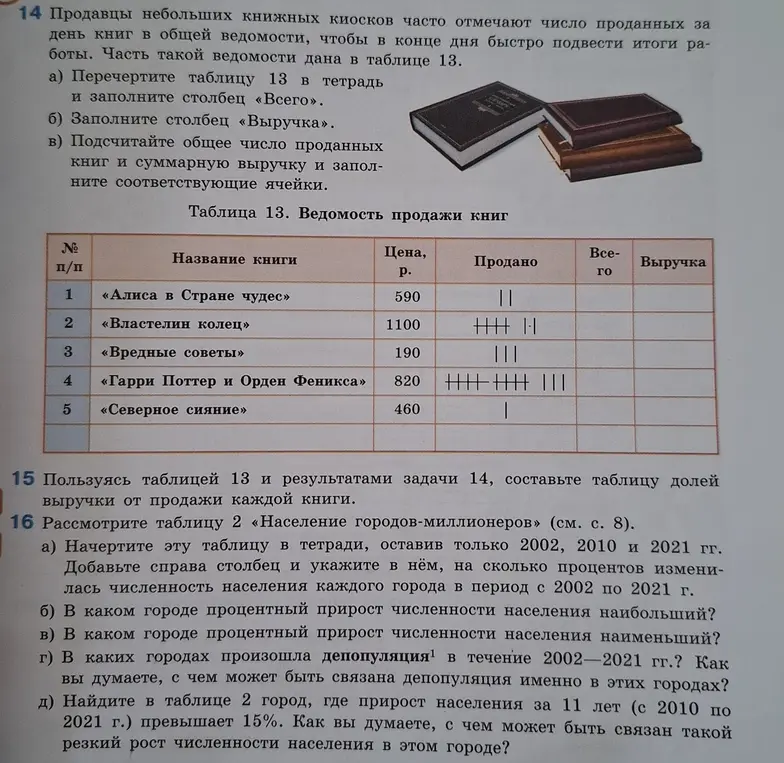 Помоги составить таблицу долей выручки от продажи каждой книги и заполнить таблицу с данными о продаже книг.
