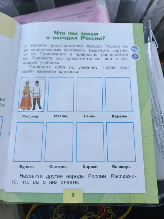 Мне нужно узнать представителей народов России по их национальным костюмам и вырезать картинки из приложения.