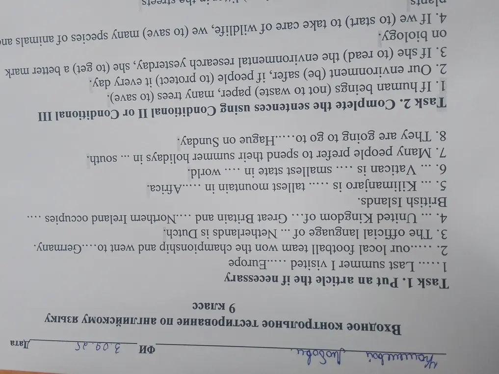 Выполни задания: поставь артикли и заполни пропуски в предложениях, используя Conditional II или Conditional III
