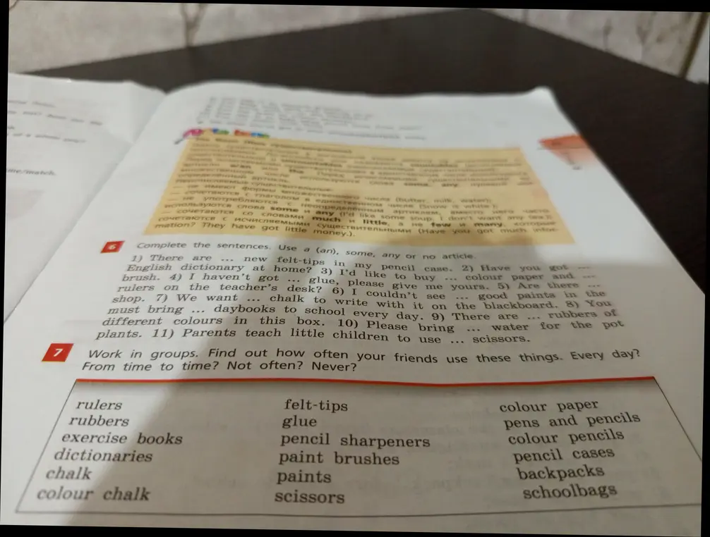 Помоги заполнить предложения, используя a (an), some, any или no article. Например, 'There are ... new felt-tips in my pencil case.'