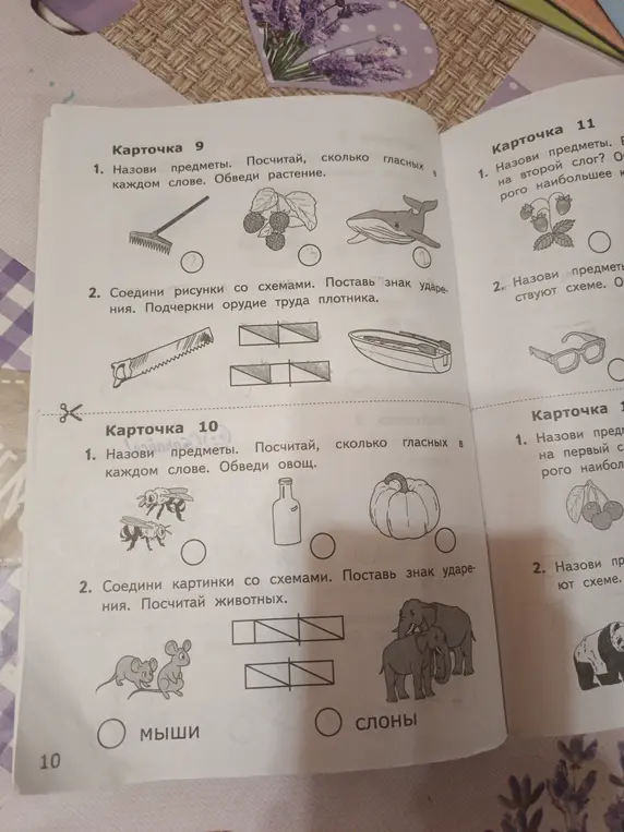 Назови предметы. Посчитай, сколько гласных в каждом слове. Обведи растение.