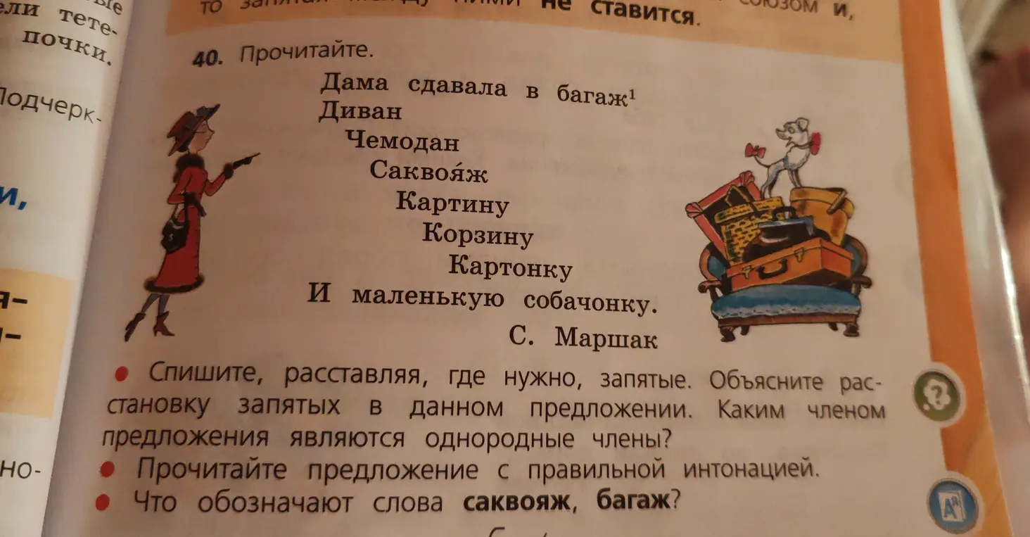 Ты просишь списать текст, расставив запятые, объяснить расстановку запятых и определить, каким членом предложения являются однородные члены, а также объяснить значение слов саквояж и багаж.