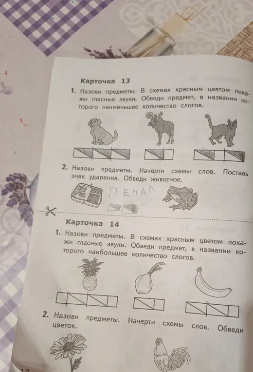 Выполни задания на карточках 13 и 14: в карточке 13 в первом задании назови предметы, покажи гласные звуки и обведи предмет, в названии которого наименьшее количество слогов.