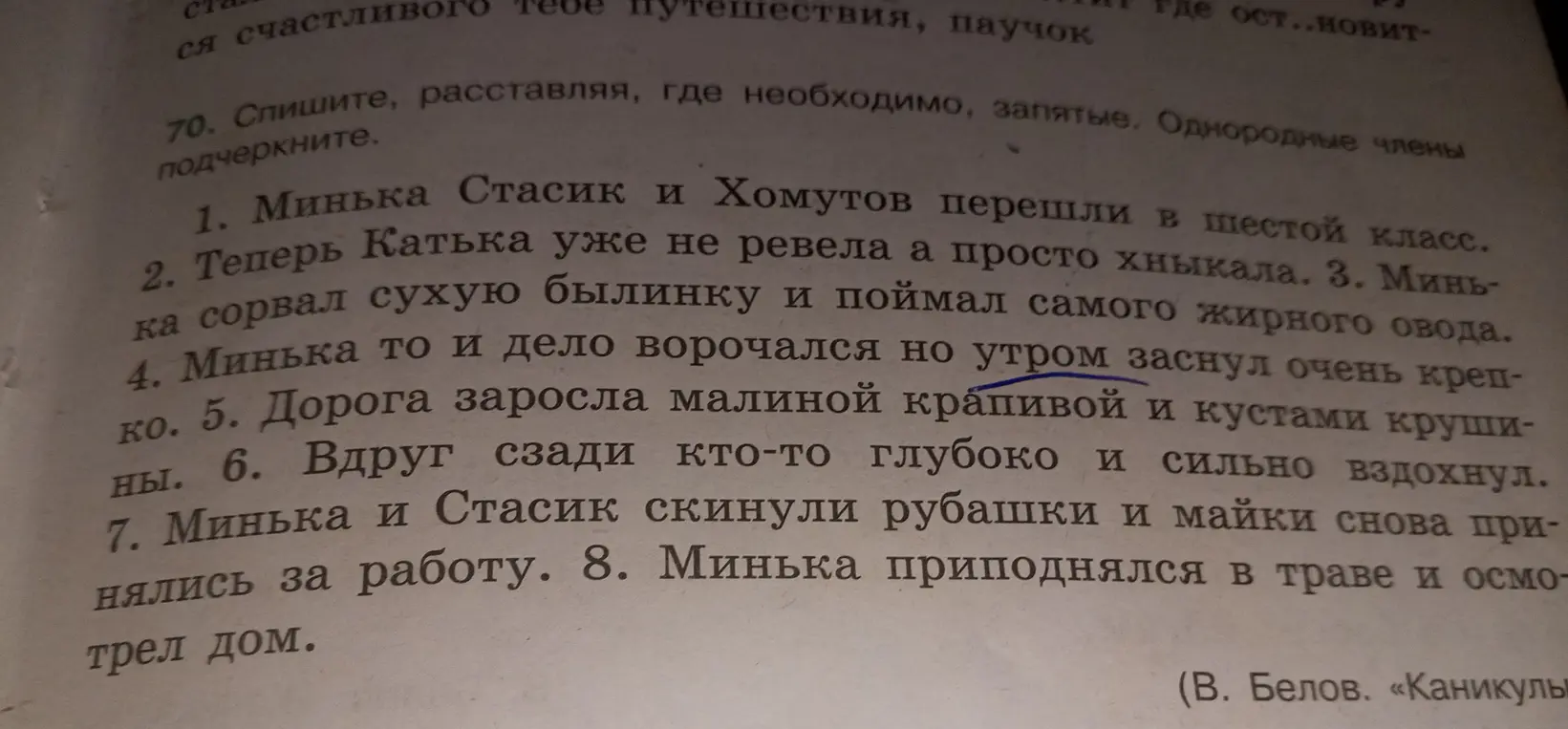 Предложи расставить запятые, где необходимо, и подчеркнуть однородные члены в предложении 'Минька Стасик и Хомутов перешли в шестой класс.'