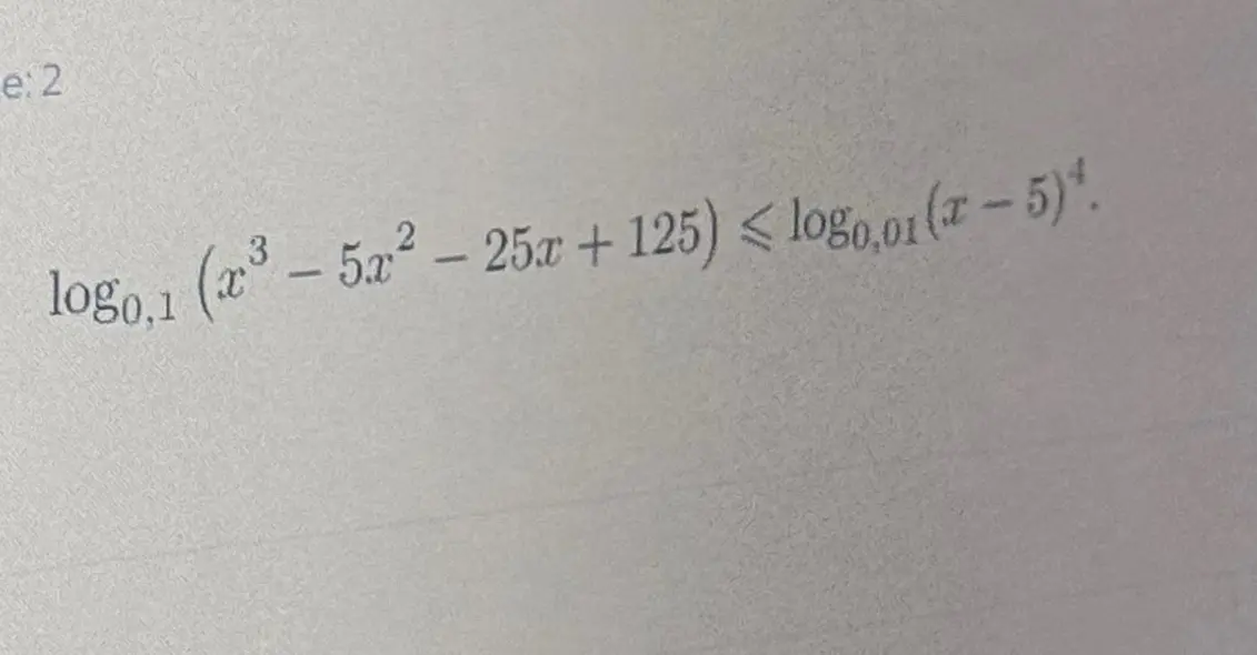 Реши логарифмическое неравенство logo,1 (x3 - 5x2 - 25x + 125) <= log0,01 (x-5)4