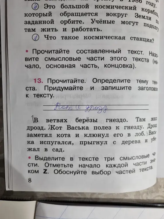 Объясни, что такое космическая станция и определи тему текста про кота и дрозда, выдели смысловые части текста