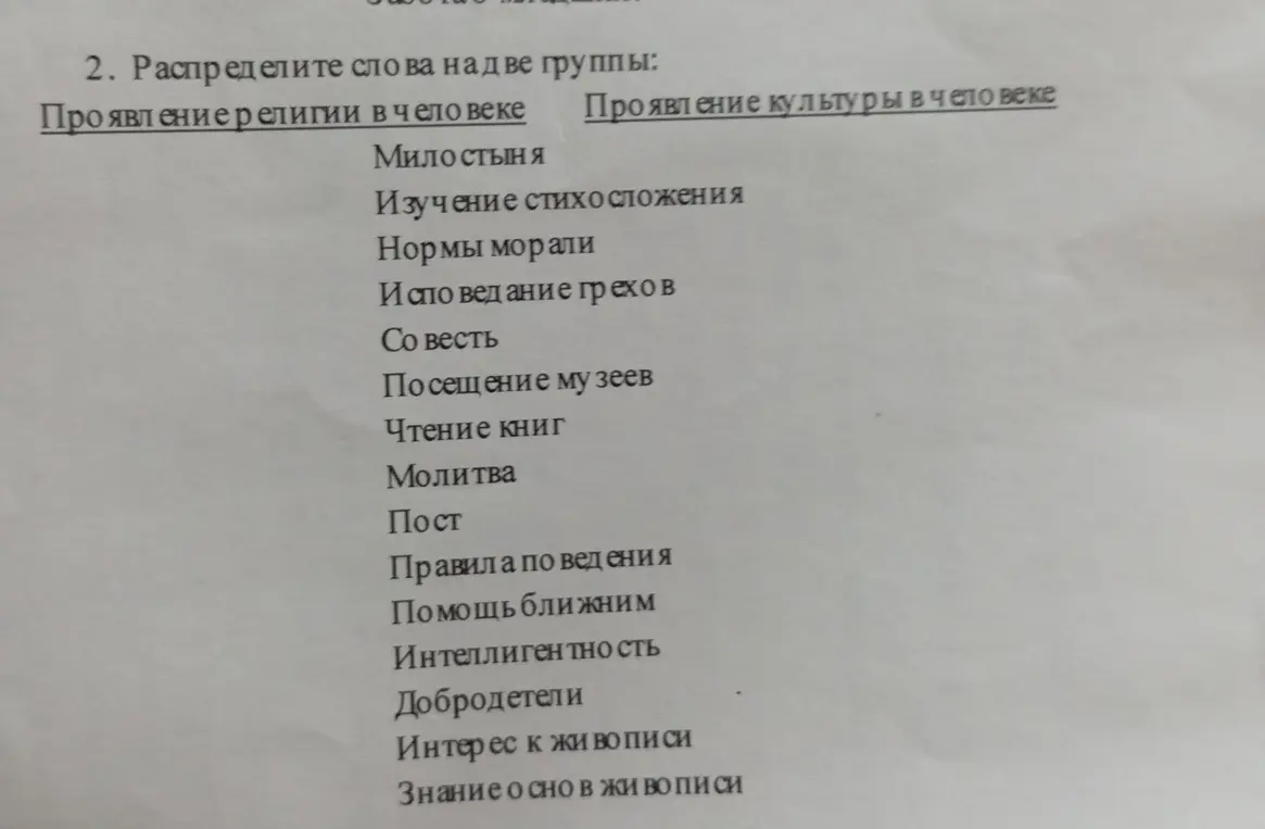 Распредели слова на две группы: 'Проявление религии в человеке' и 'Проявление культуры в человеке'