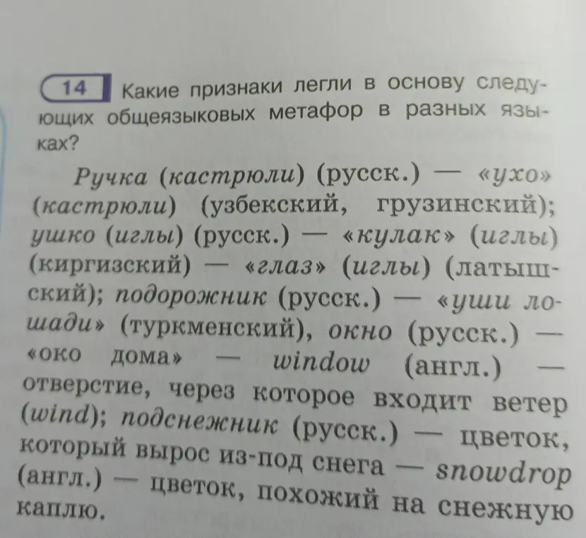Какие признаки легли в основу следующих общеязыковых метафор в разных языках, например, ручка (кастрюли) (русск.) — «ухо»