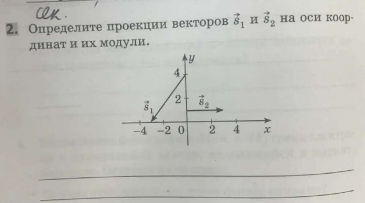 Определи проекции векторов s1 и s2 на оси координат и их модули