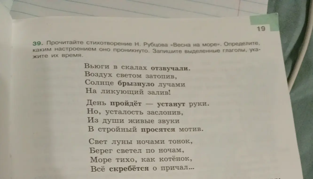 Определи настроение стихотворения Н. Рубцова «Весна на море». Запиши выделенные глаголы, укажи их время.