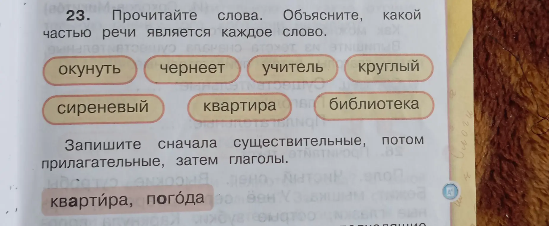 Объясни, какой частью речи является каждое слово: окунуть, чернеет, учитель, круглый, сиреневый, квартира, библиотека. Запиши сначала существительные, потом прилагательные, затем глаголы.