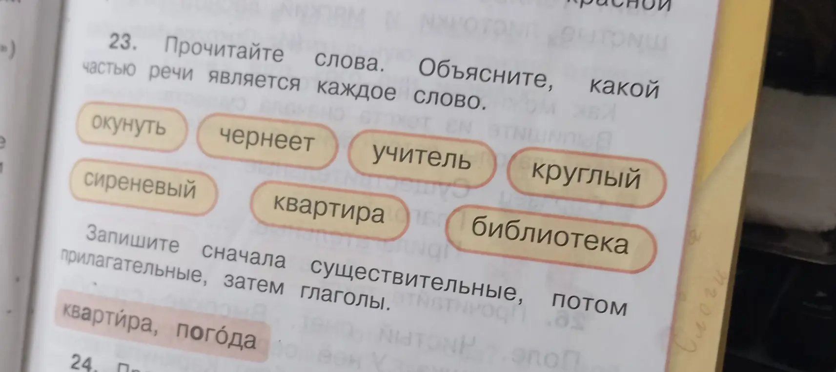 Объясни, какой частью речи является каждое слово: окунуть, чернеет, учитель, круглый, сиреневый, квартира, библиотека