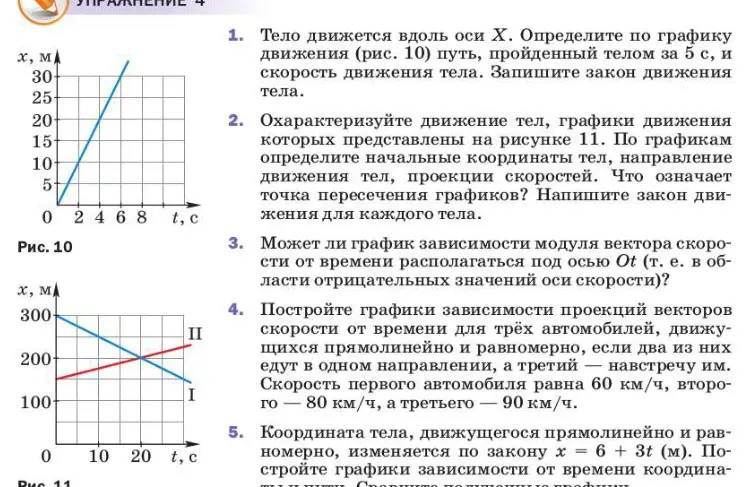 Объясни, как решить задачи по физике: 1) Определи путь и скорость тела по графику движения. 2) Охарактеризуй движение тел по графику. 3) Может ли график скорости быть под осью Ot? 4) Построй графики скоростей для автомобилей. 5) Построй графики зависимости координаты от времени.