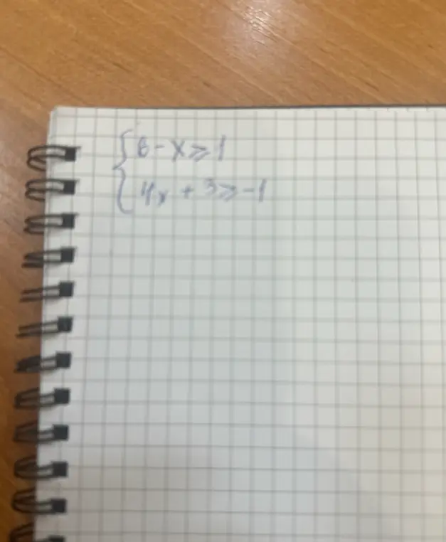 Помоги решить систему неравенств: {6-x ≥ 1, 4x+3 ≥ -1}