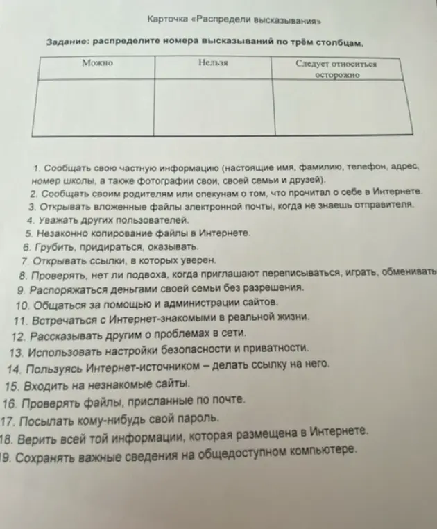 Распредели номера высказываний по трём столбцам: можно, нельзя, следует относиться осторожно