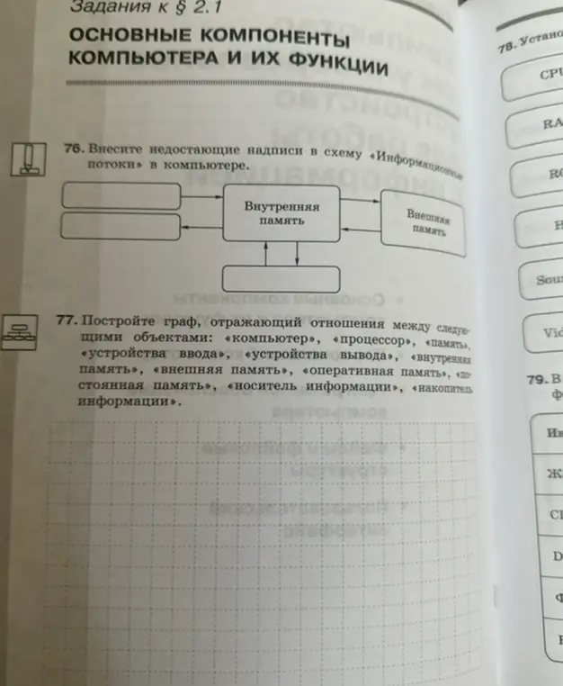 Внеси недостающие надписи в схему «Информационные потоки» в компьютере.