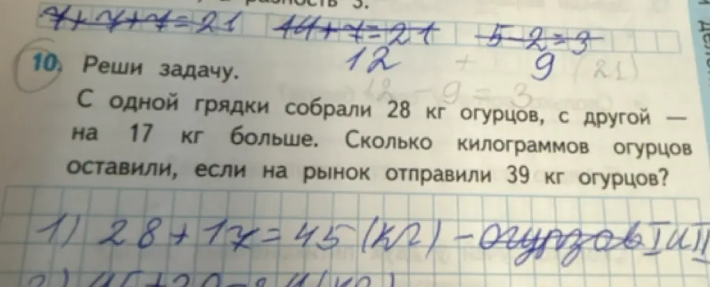 Помоги решить задачу: с одной грядки собрали 28 кг огурцов, с другой — на 17 кг больше. Сколько килограммов огурцов оставили, если на рынок отправили 39 кг огурцов?