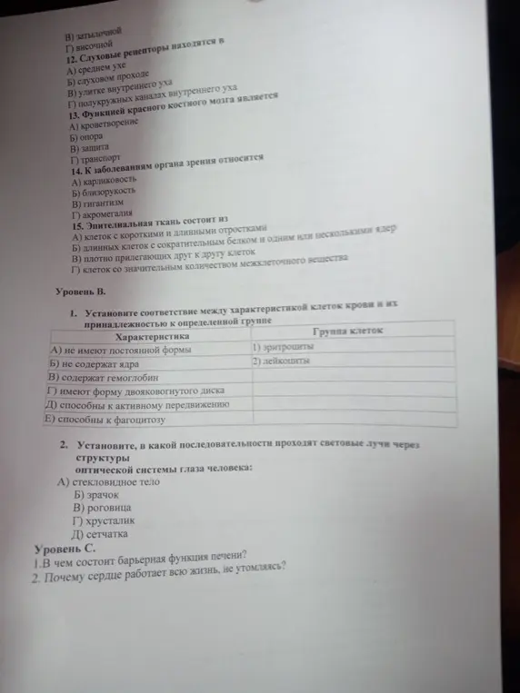 Объясни, как установить соответствие между характеристикой клеток крови и их принадлежностью к группе, последовательность прохождения световых лучей через оптическую систему глаза, в чём состоит барьерная функция печени и почему сердце работает всю жизнь, не утомляясь.