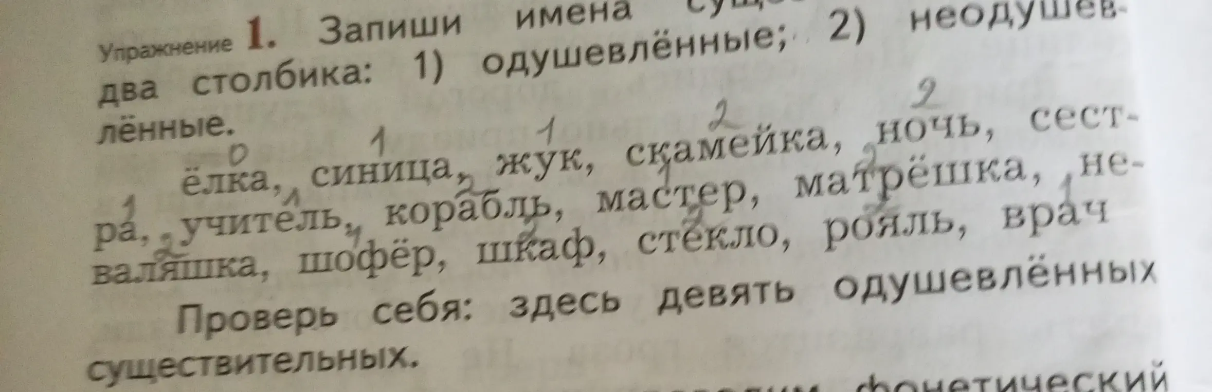 Составь два столбика из одушевлённых и неодушевлённых существительных