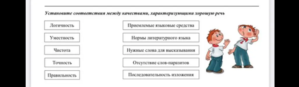 Помоги установить соответствия между качествами, характеризующими хорошую речь