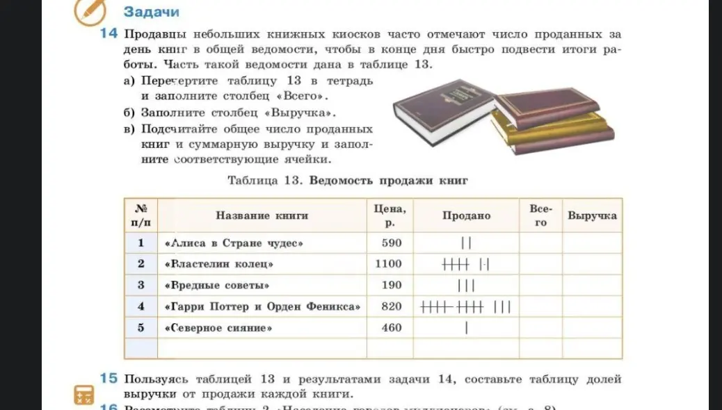 Составь таблицу по образцу, заполнив столбцы «Всего» и «Выручка», а также подсчитай общее число проданных книг и суммарную выручку