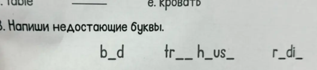 Можешь написать пропущенные буквы в словах 'b_d', 'tr__h_us_', 'r_di_'?