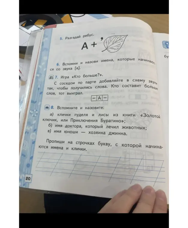 Разгадай ребус; вспомни имена, которые начинаются со звука [а]; поиграй в игру «Кто больше?»; вспомни и назови клички пуделя и лисы из книги «Золотой ключик, или Приключения Буратино»