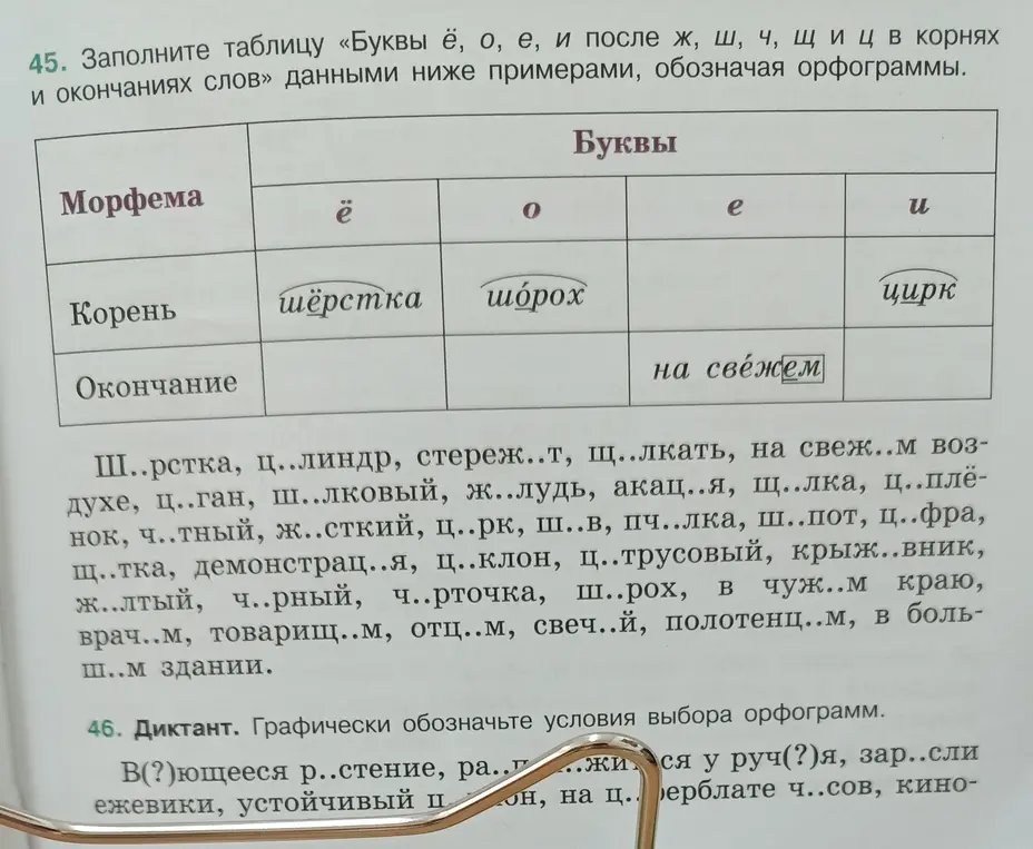 Заполни таблицу «Буквы ё, о, е, и после ж, ш, ч, щ и ц в корнях и окончаниях слов» данными ниже примерами, обозначая орфограммы.