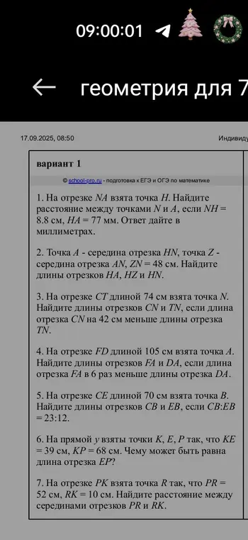 Помоги мне решить задачи по геометрии из варианта 1: 1. На отрезке NA взята точка Н. Найди расстояние между точками N и А, если NH = 8.8 см, НА = 77 мм.