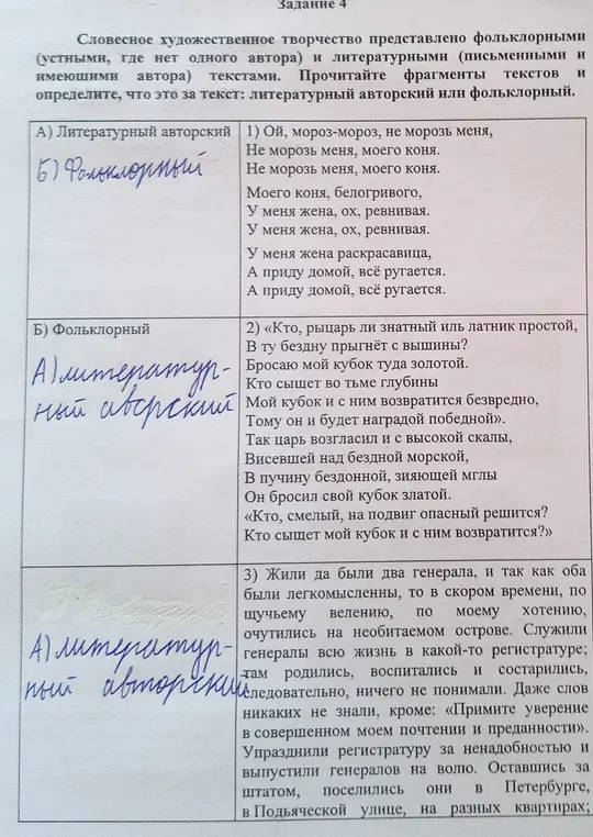 Определи, литературный авторский или фольклорный текст в примерах.