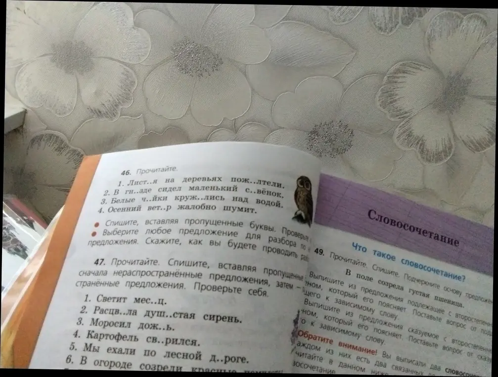 Выполни задание 46: вставь пропущенные буквы и выбери предложение для разбора. Выполни задание 47: вставь пропущенные буквы. Выполни задание 49: выпиши из предложения подлежащее и сказуемое с второстепенными членами.