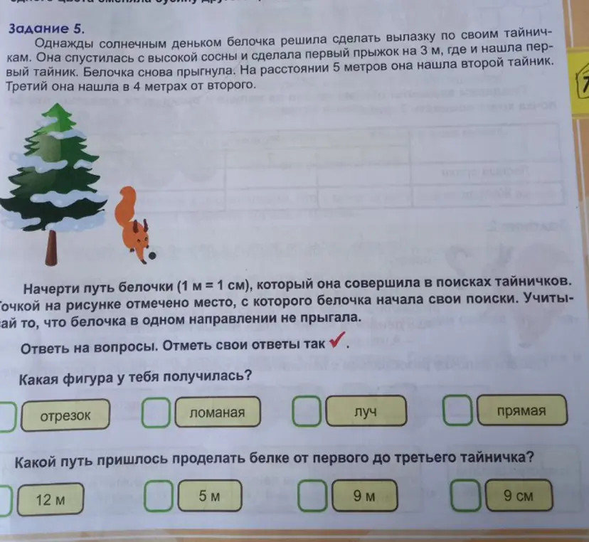 Ты просишь помочь ответить на вопросы про путь белочки: какая фигура получилась и какой путь пришлось проделать белке от первого до третьего тайничка?