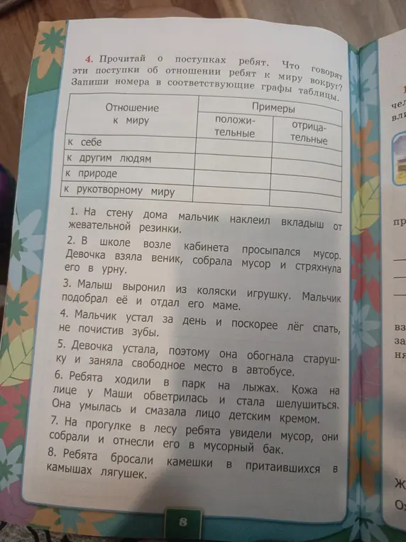 Помоги заполнить таблицу: запиши номера поступков ребят в соответствующие графы таблицы.