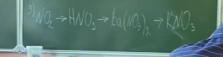 Ты просишь помочь с химическими реакциями: NO2 -> HNO3 -> Ba(NO3)2 -> KNO3