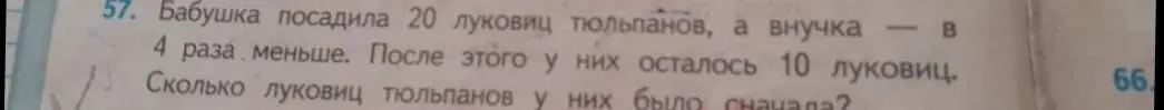 Помоги решить задачу: Бабушка посадила 20 луковиц тюльпанов, а внучка в 4 раза меньше. После этого у них осталось 10 луковиц. Сколько луковиц тюльпанов у них было сначала?