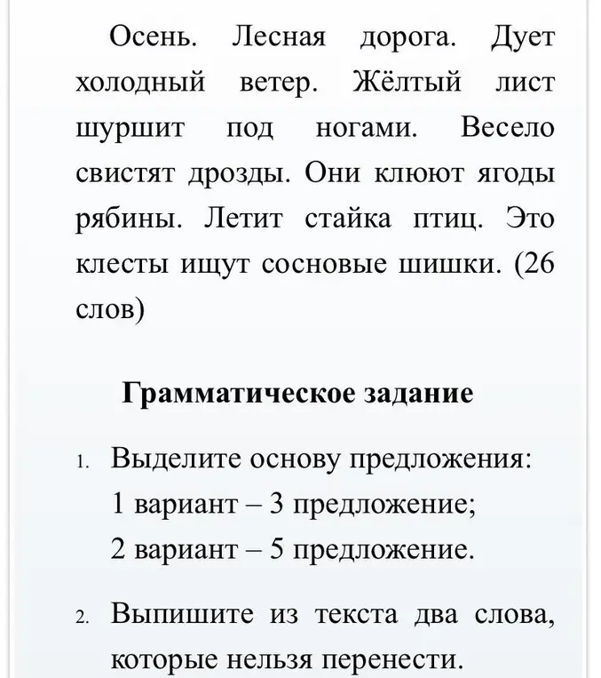 Выдели основу предложения в 3 и 5 предложениях и выпиши из текста два слова, которые нельзя перенести.