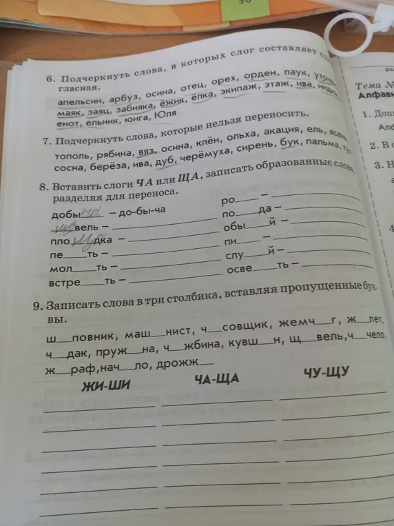 Объясни, как выполнить задания 6-9 по русскому языку: подчеркнуть слова с гласными, которые нельзя переносить, вставить слоги ЧА или ЩА и записать образованные слова, а также записать слова в три столбика, вставляя пропущенные буквы.