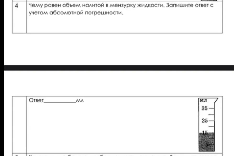 Как определить объем налитой в мензурку жидкости и записать ответ с учетом абсолютной погрешности?