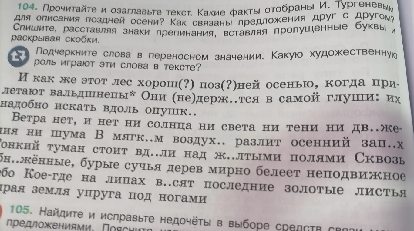 Выполни, пожалуйста, задания 104 и 105: прочитай и озаглавь текст.