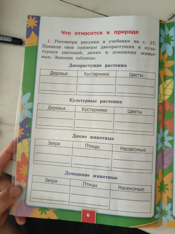 Помоги привести примеры дикорастущих и культурных растений, диких и домашних животных и заполнить таблицы