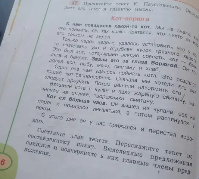 Составь план текста "Кот-ворюга", перескажи текст по составленному плану, спиши выделенные предложения и подчеркни в них главные члены предложения