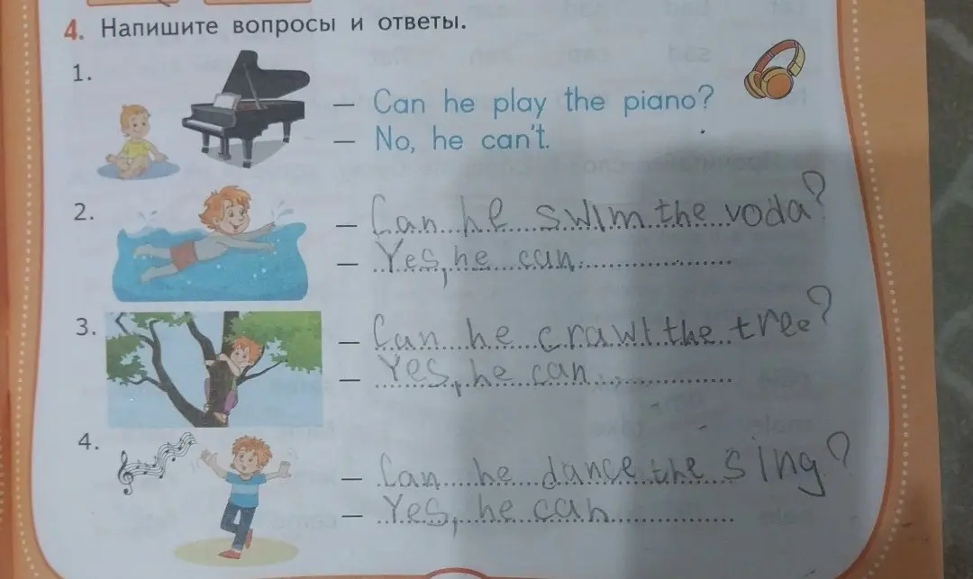 Ты можешь написать вопросы и ответы к картинкам на английском языке: Can he swim the voda?