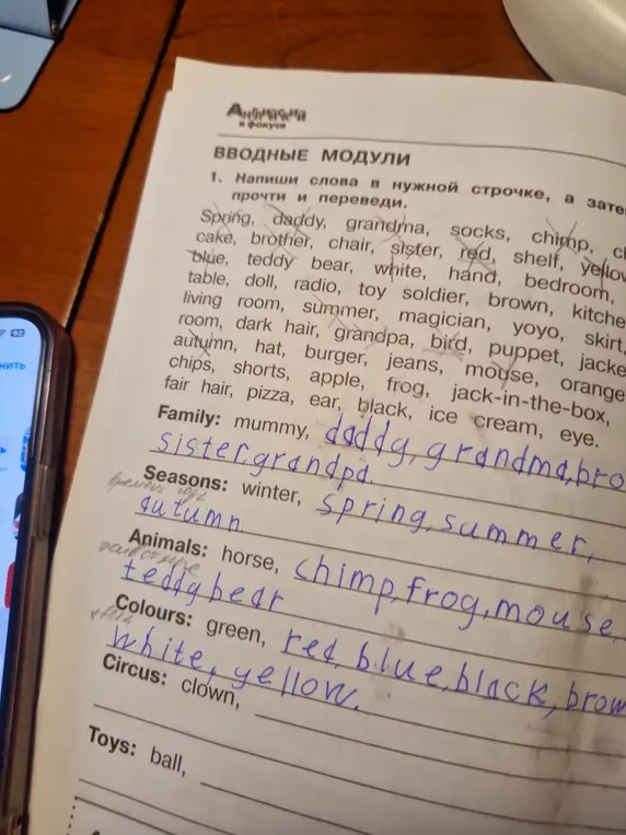 Помоги мне написать слова в нужной строчке, а затем прочитать и перевести.