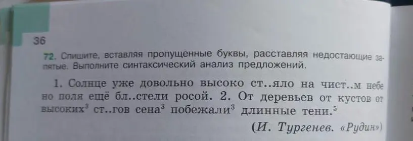 Выполни синтаксический анализ предложения: Солнце уже довольно высоко ст..яло на чист..м небе