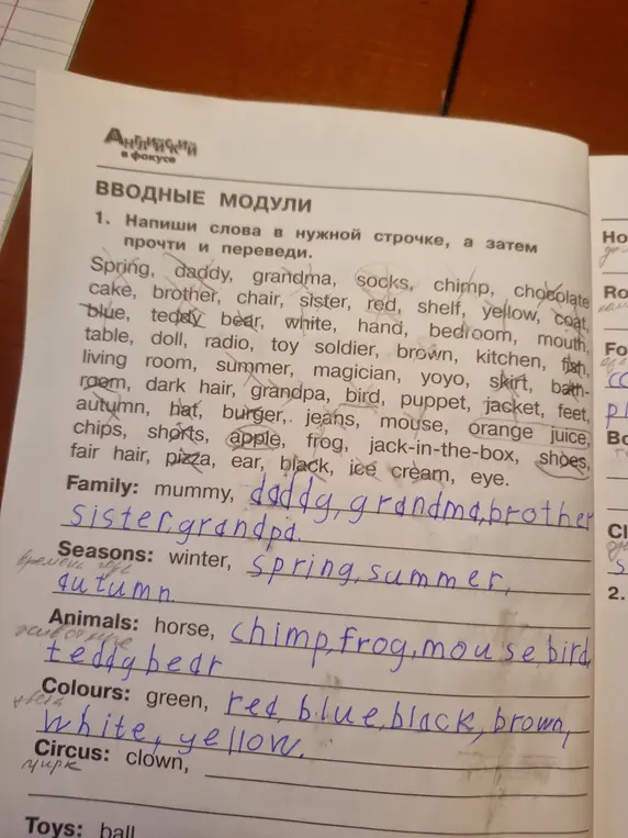 Напиши слова в нужной строчке, а затем прочти и переведи