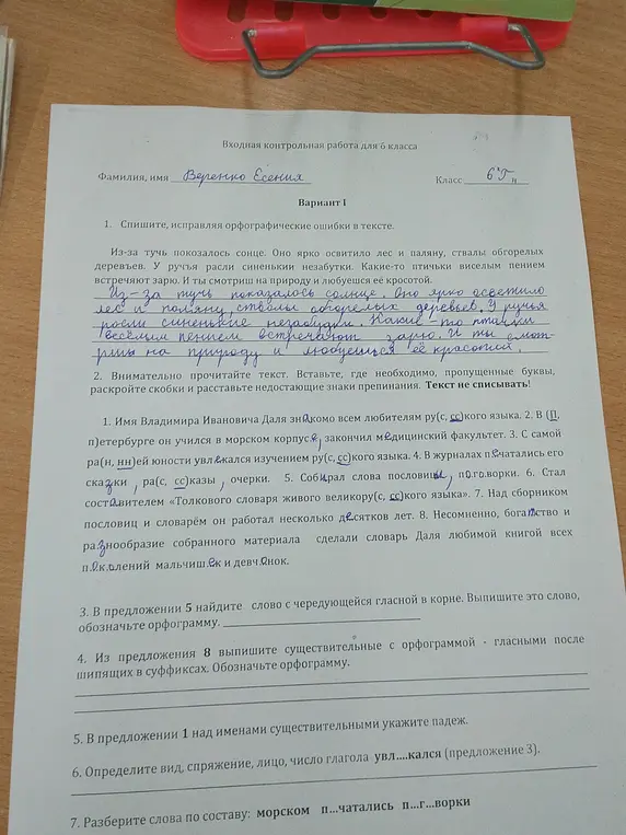 Мне нужно выполнить задания по русскому языку: спишите, исправляя орфографические ошибки в тексте; вставьте пропущенные буквы, раскройте скобки и расставьте недостающие знаки препинания; найдите слово с чередующейся гласной в корне; выпишите существительные с орфограммой; укажите падеж; определите вид, спряжение, лицо, число глагола; разберите слова по составу.