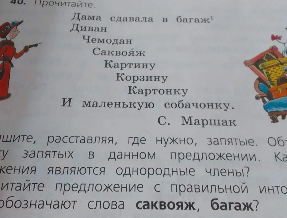 Ты просишь помочь расставить запятые в стихотворении «Дама сдавала в багаж» и определить однородные члены предложения